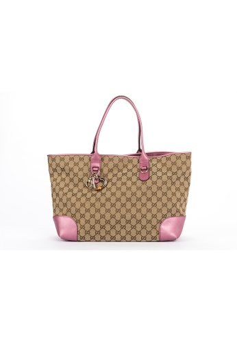 Gucci brown Pre-Loved  GUCCI 269956 520981 HEART BIT CHARM CANVAS TOTE PINK LEATHER TRIM, with DustCover B0105ACC7597F1GS_1