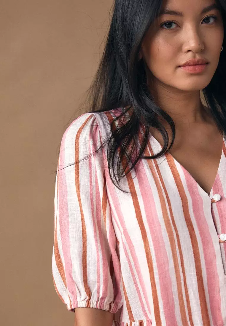 Short Sleeve Button Through Tiered Mini Dress with Linen