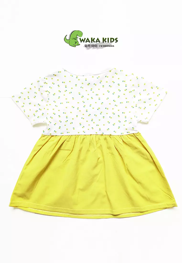 Wakakids Dress Bayi Anak Perempuan Lengan Pendek Katun Flowers Renda 4489 Venrc Akula Peach