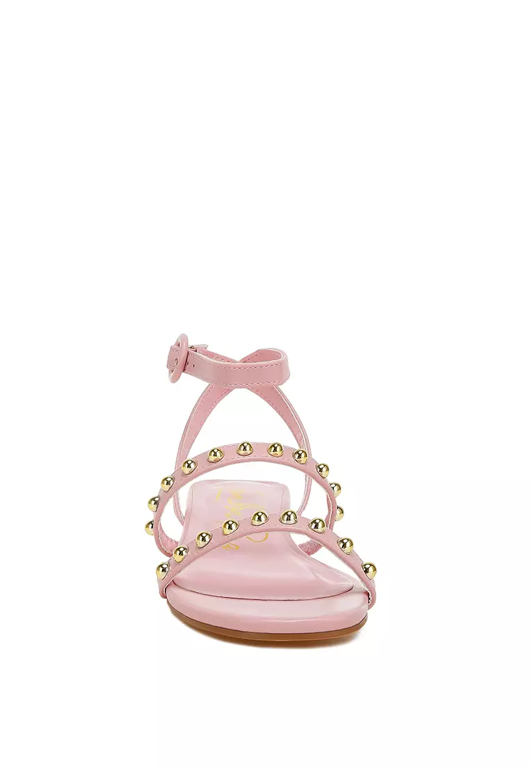 Studded Ankle Strap Flat Sandals in Pink