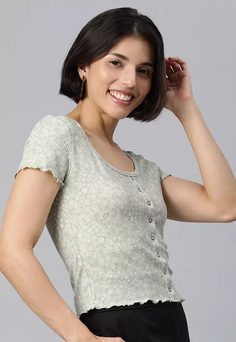 Sage Floral Print Summer Top