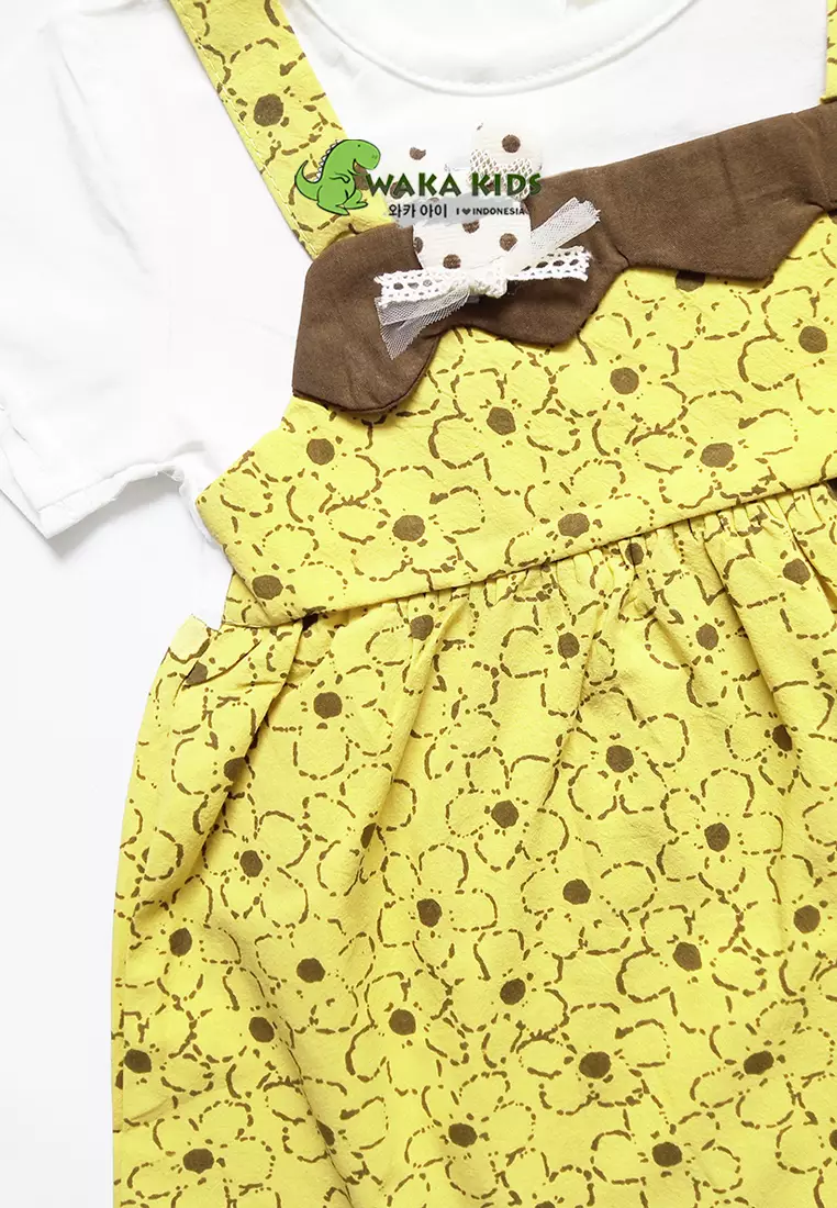 Wakakids Dress Bayi Anak Perempuan Lengan Pendek Katun Flowers Mickey 4485 Venrc Akula Kuning
