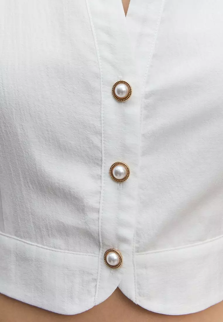 Puffed Sleeve Pearl Button Blouse - White