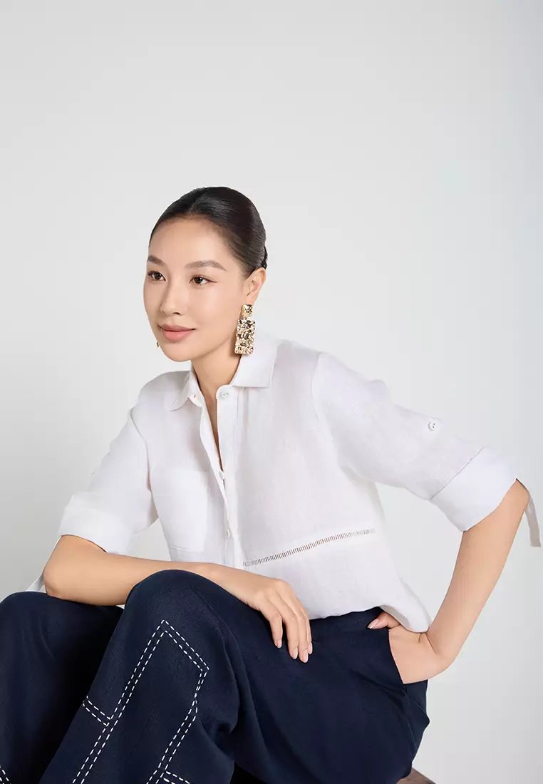 Linen Button-Up Shirt with Lace Accents