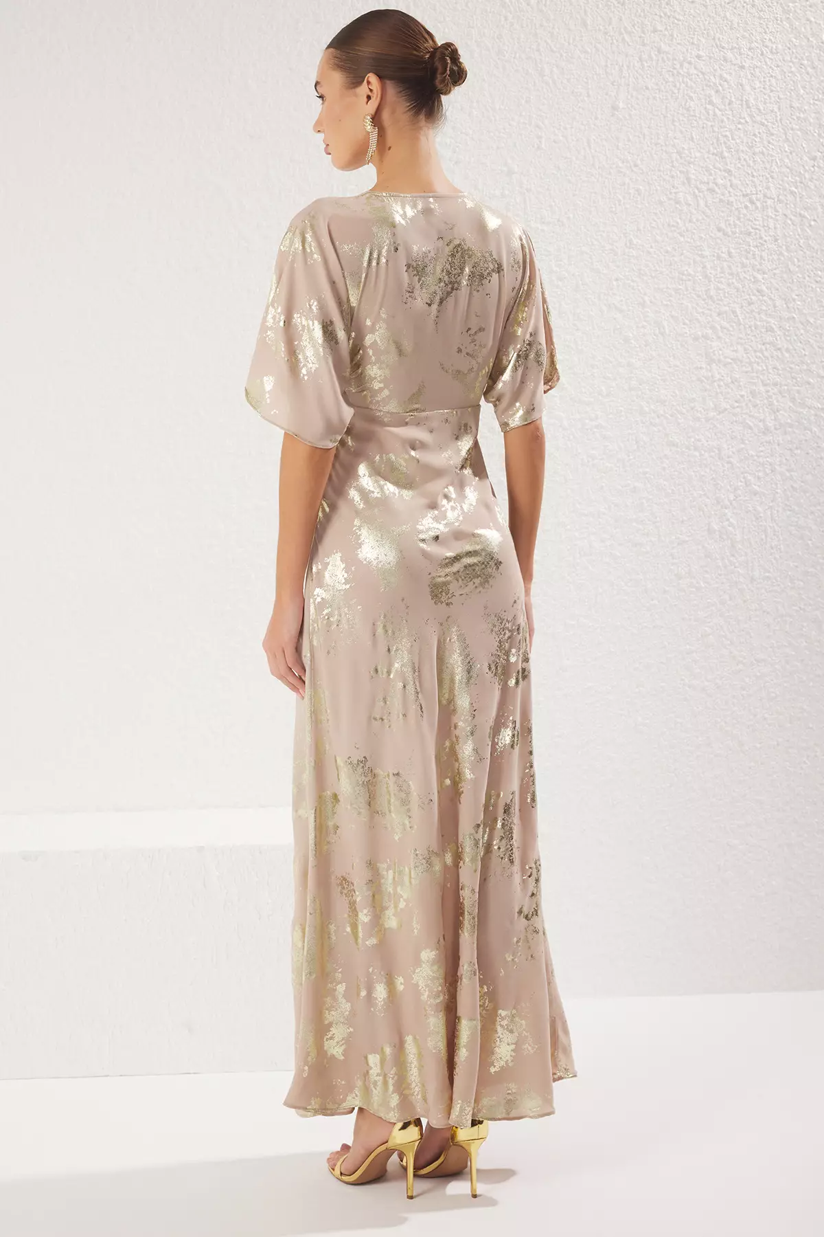 Beige A-Line Crepe Woven Long Elegant