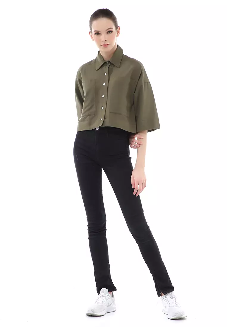 Brielle Atasan Wanita Kemeja Crop Oversize Shirt Lengan Panjang Material Linen ORIGINAL - Olive