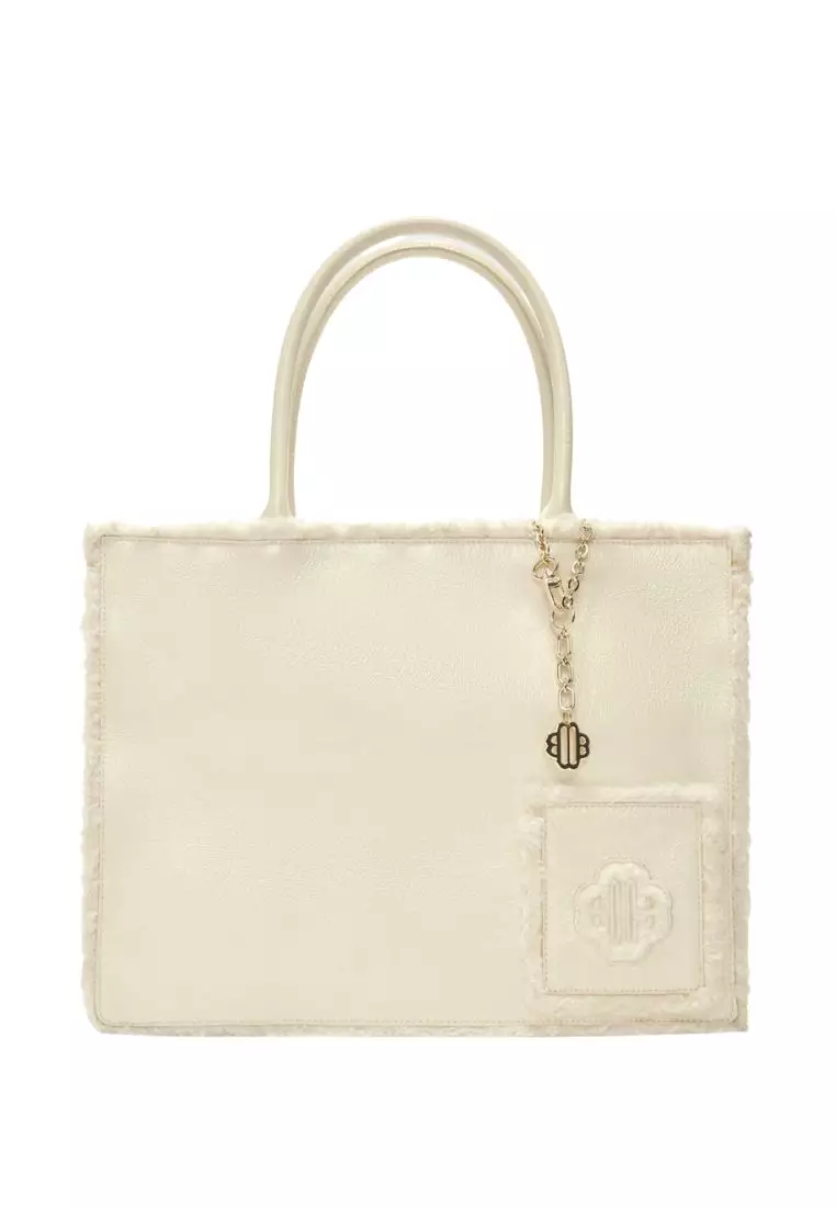 White Metallic Tote Bag With Fake Fur