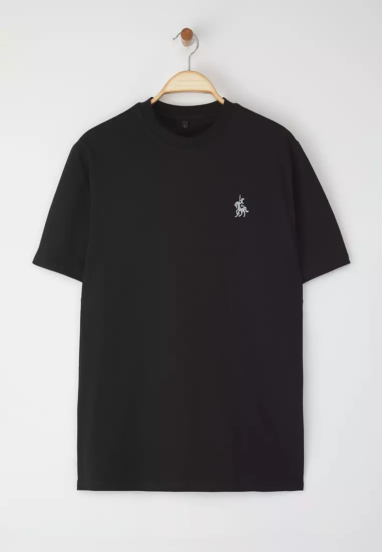 Black Regular Cut Horse Embroidery Detailed 100% Cotton T-Shirt Tmnss24Ts00056