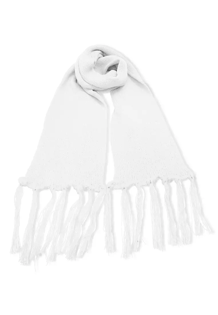 Syal Wanita Motif Polos Aksen Rumbai Shawl Rajut Lembut Fashion Women - Putih