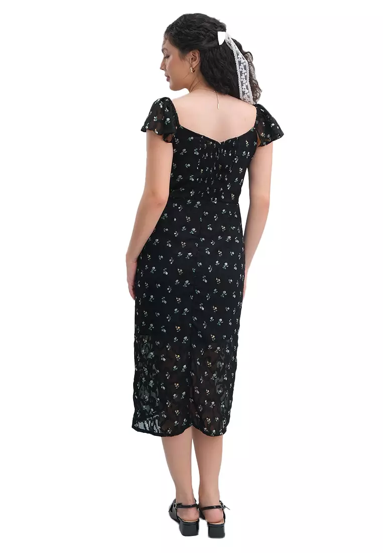 Buy JUST G V-Neck Floral Print Burnout Chiffon Midi Dress With Slit And ...