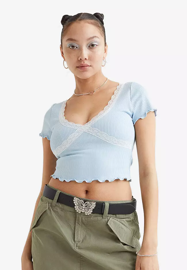 Lace-trimmed Ribbed Crop Top