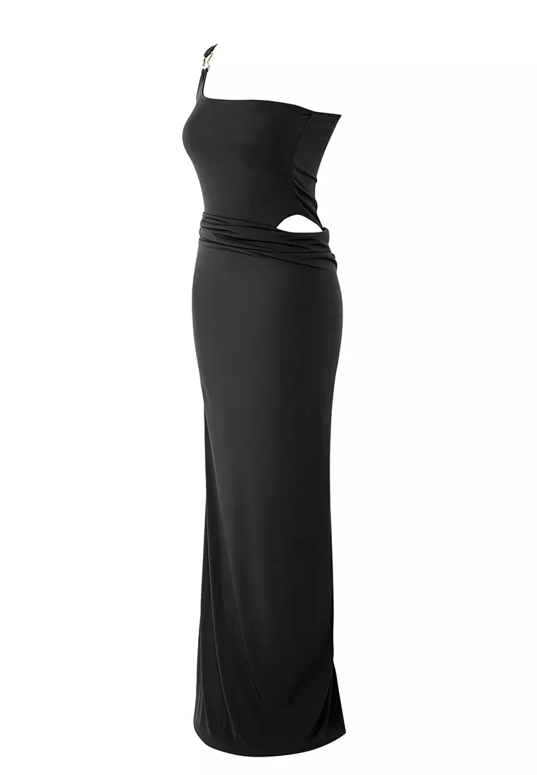 Black Body-fitting Accessory Detailed Knitted Long Elegant Evening Night Graduation Dress TPRSS25AE00104