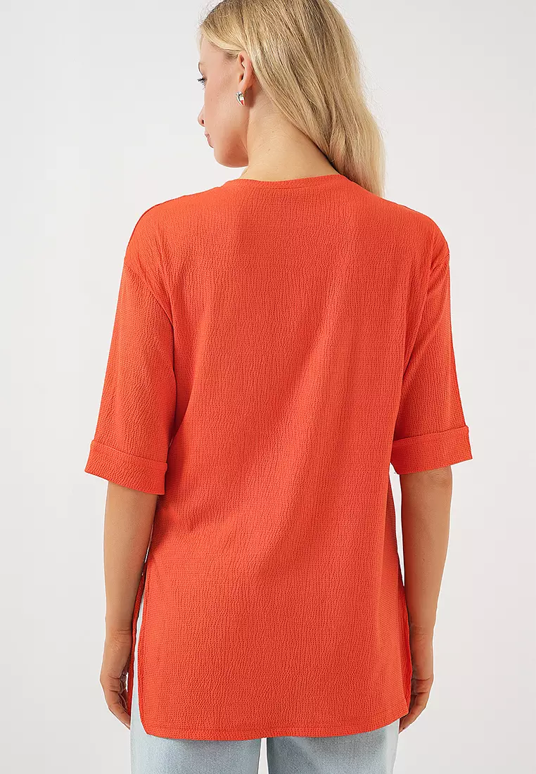 4332 Knitted T-Shirt With Side Slits - Orange