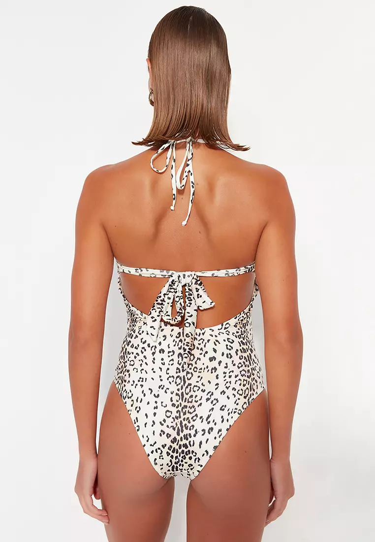 Leopard print hot sale strapless swimsuit