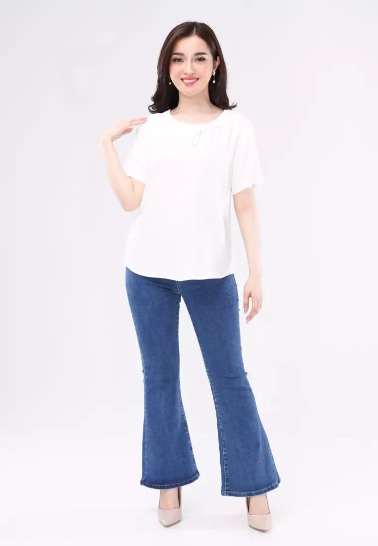 Bold Twill Short Sleeves Round Neck Blouse
