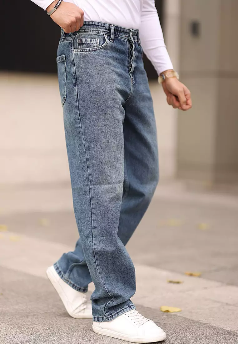 Medium Blue 100% Cotton Baggy Fit Jeans Trousers TMNAW24JE00027