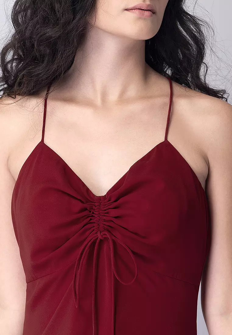 Red Noodle Strap Ruched Maxi Dress