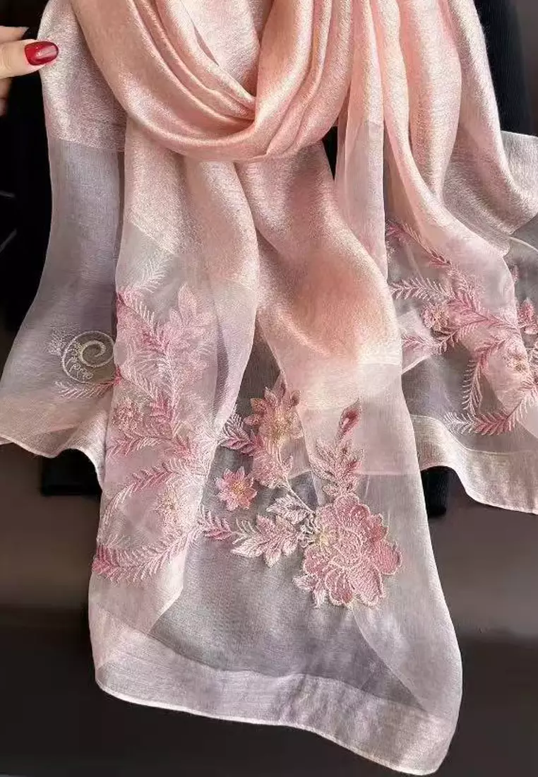 Golden Thread Embroidery Camelia Floral Silk Shawl Syal Sutra Wanita Salmon Pink