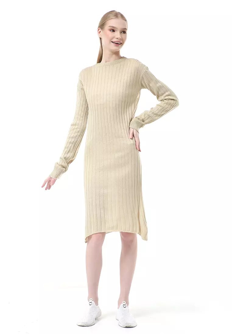 Adela Dress Rajut Tunik Wanita Motif Polos Long Sleeve Relaxed Fit - Cream