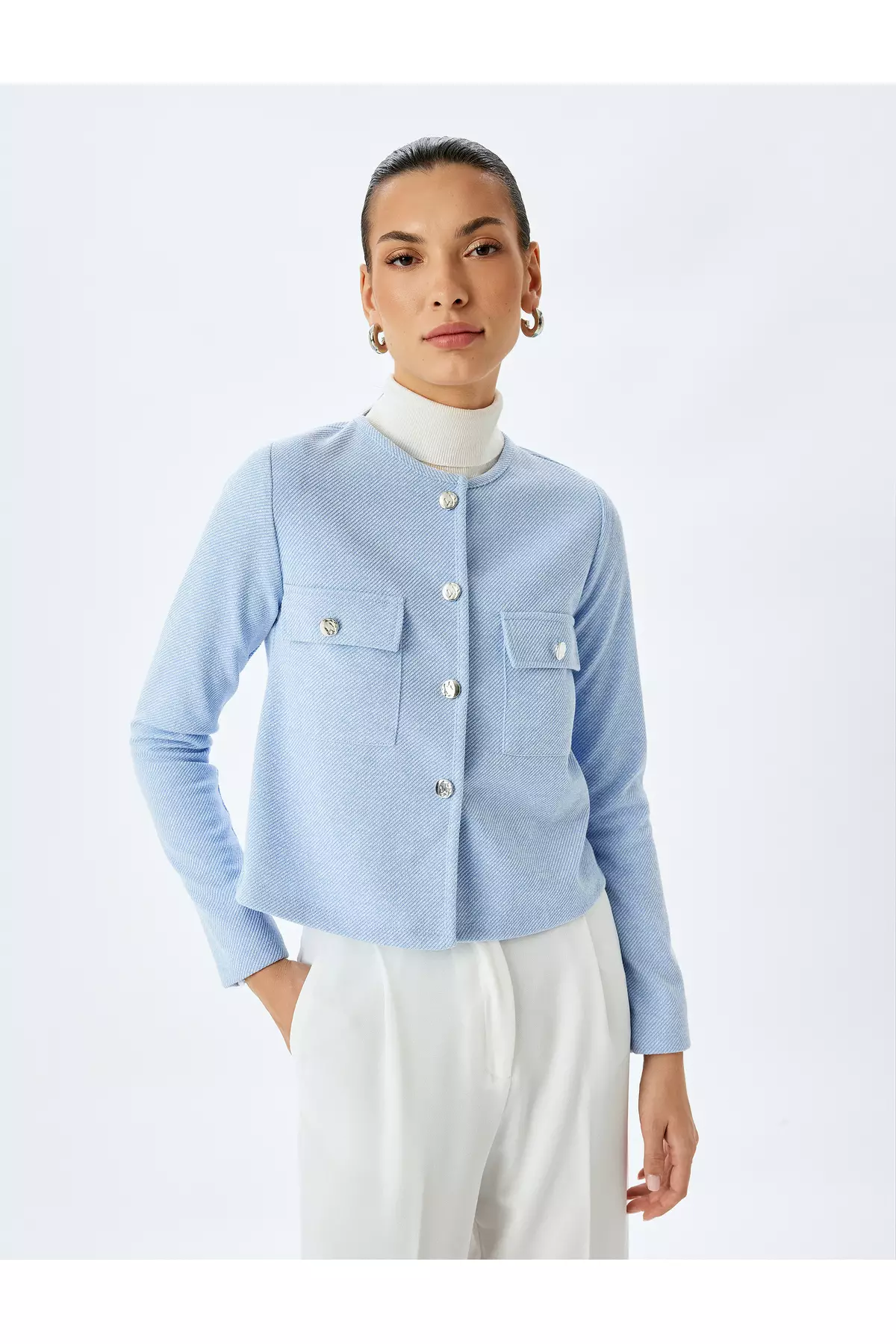 Long Sleeve Round Neck Crop Jacket With Applique Detail
