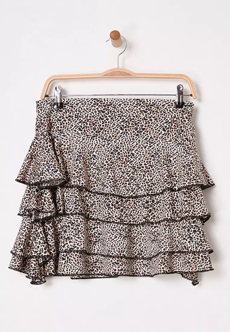 Multicolored Leopard Printed Ruffle Mini Stretch Knit Skirt Skirt