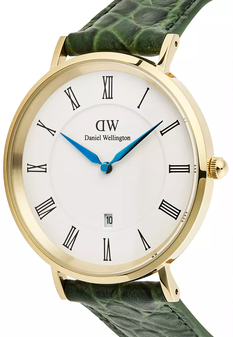 Classic 40mm Roman Numerals Date Dark Green Croc Belly Gold - Men Watch stainless steel Leather strap watch DW Official Authentic Original 男士手錶 不銹鋼 真皮 手錶 DW 官方 正品