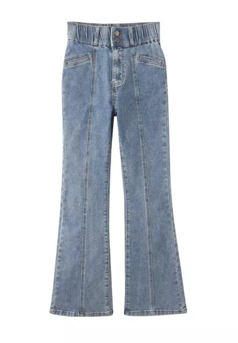 視覺細-5KG．彈力高腰造型口袋喇叭牛仔顯瘦褲《BA7587》