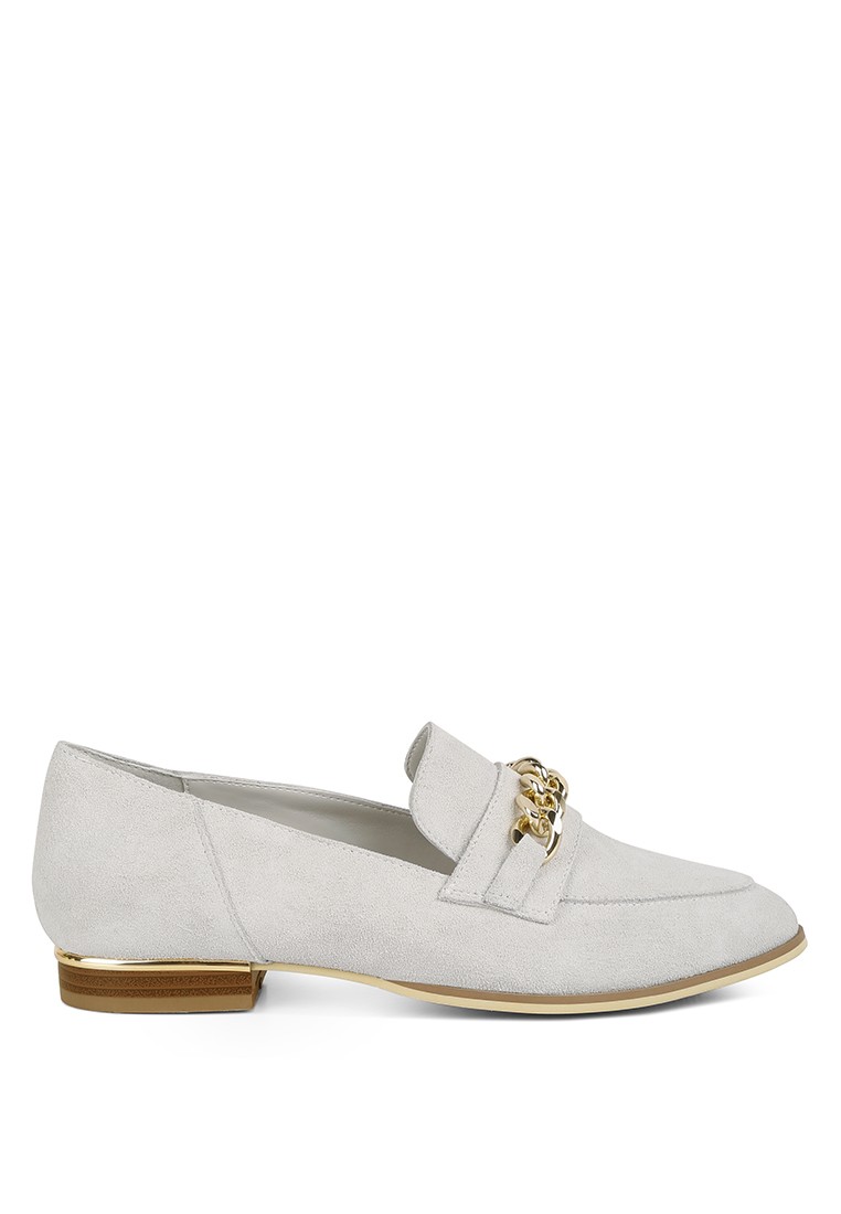 Beige Chain Embellished Loafers