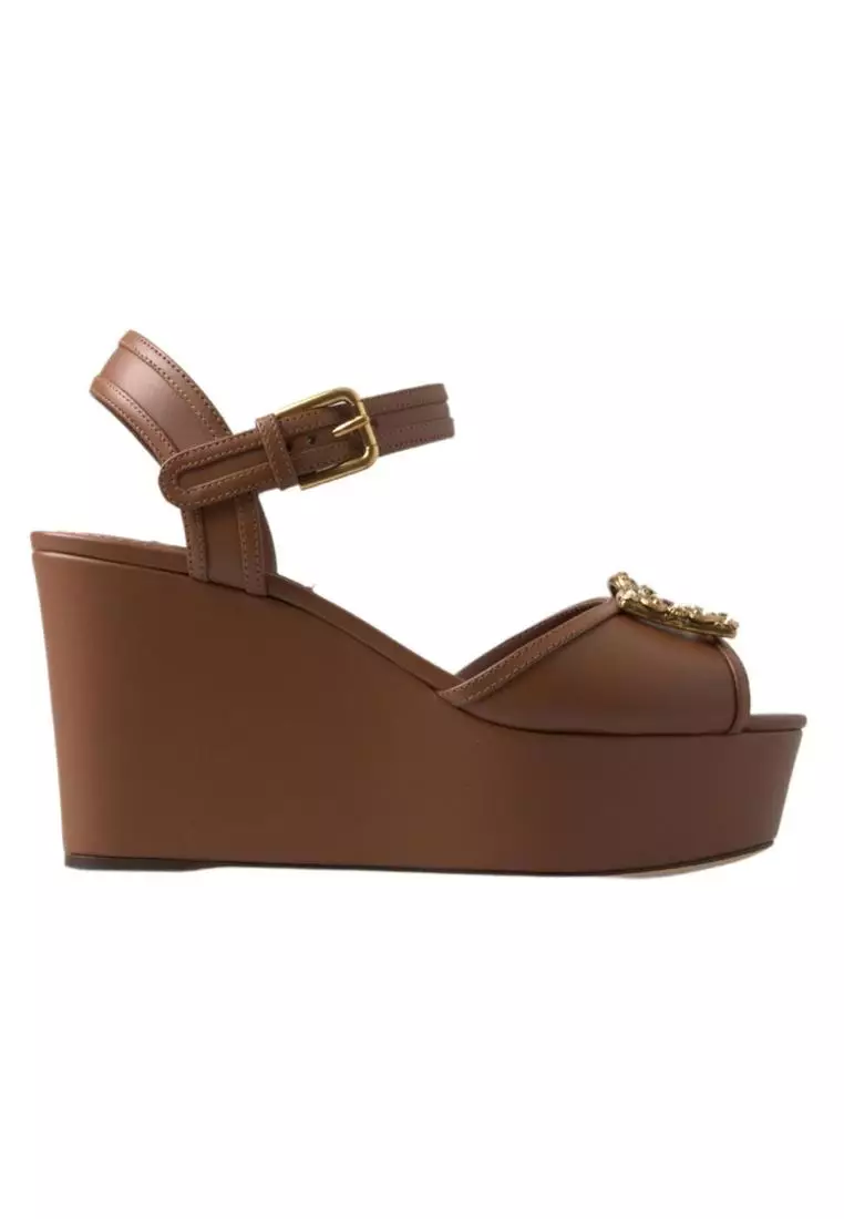 Dolce Gabbana Dolce Gabbana Brown Leather AMORE Wedges Sandals