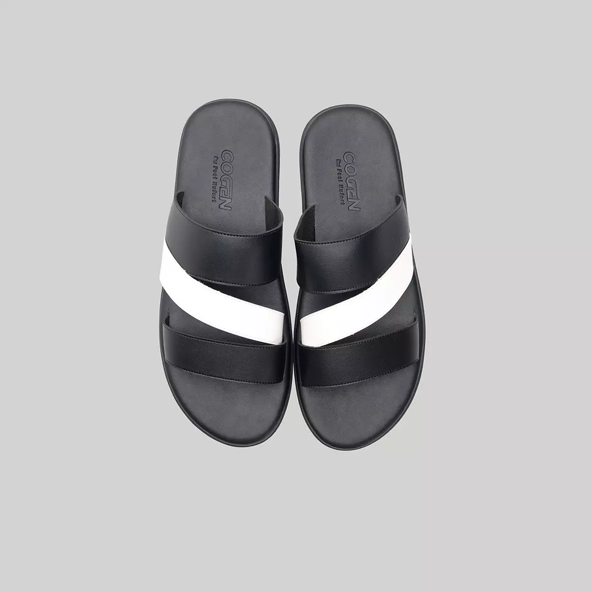 Cogen Sandal Pria Kulit Sendal Slop Nyaman -  Feel Nufort - Cello Black White Warna Cello Black White