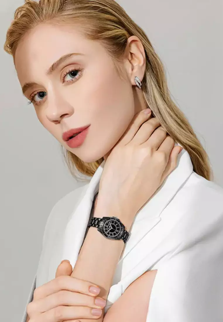 女士黑色陶瓷石英手錶，36mm，黑色錶盤，陶瓷手鐲