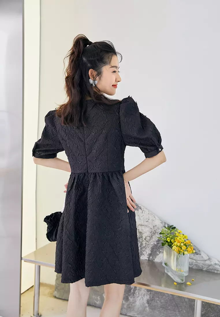 Square Neck Embossed Babydoll Dress