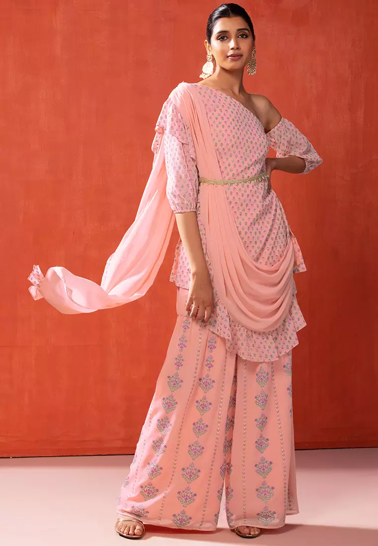 Pastel Pink Floral Print Sharara And Short Kurta With Attached Ruffled Dupatta And Belt (Set of 3)