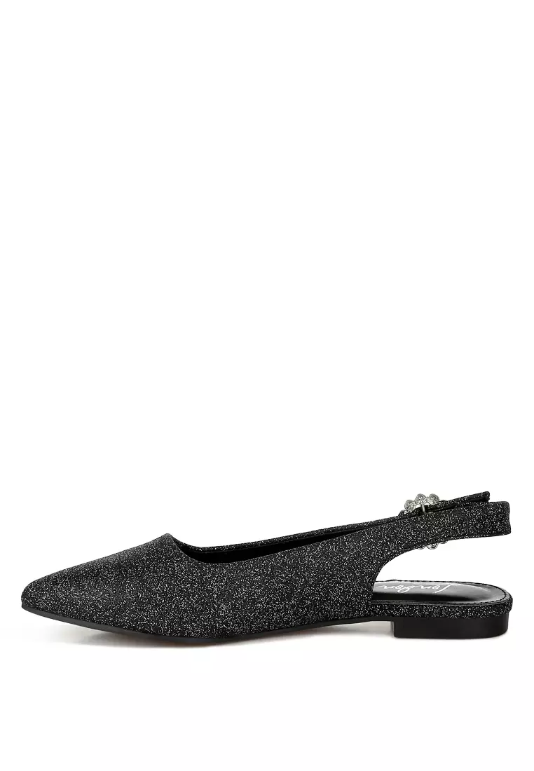 Glitter Slingback Flat Sandals in Black