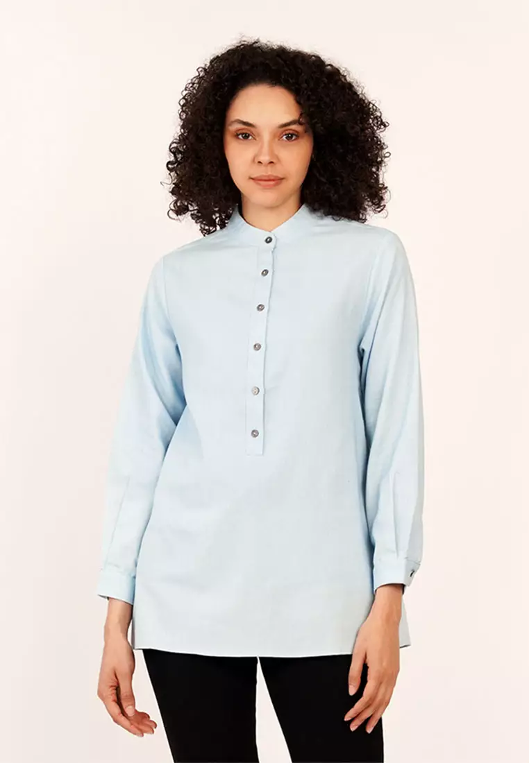 Buy nicole Mandarin Collar Long Sleeve Slightly Long Blouse Online ...