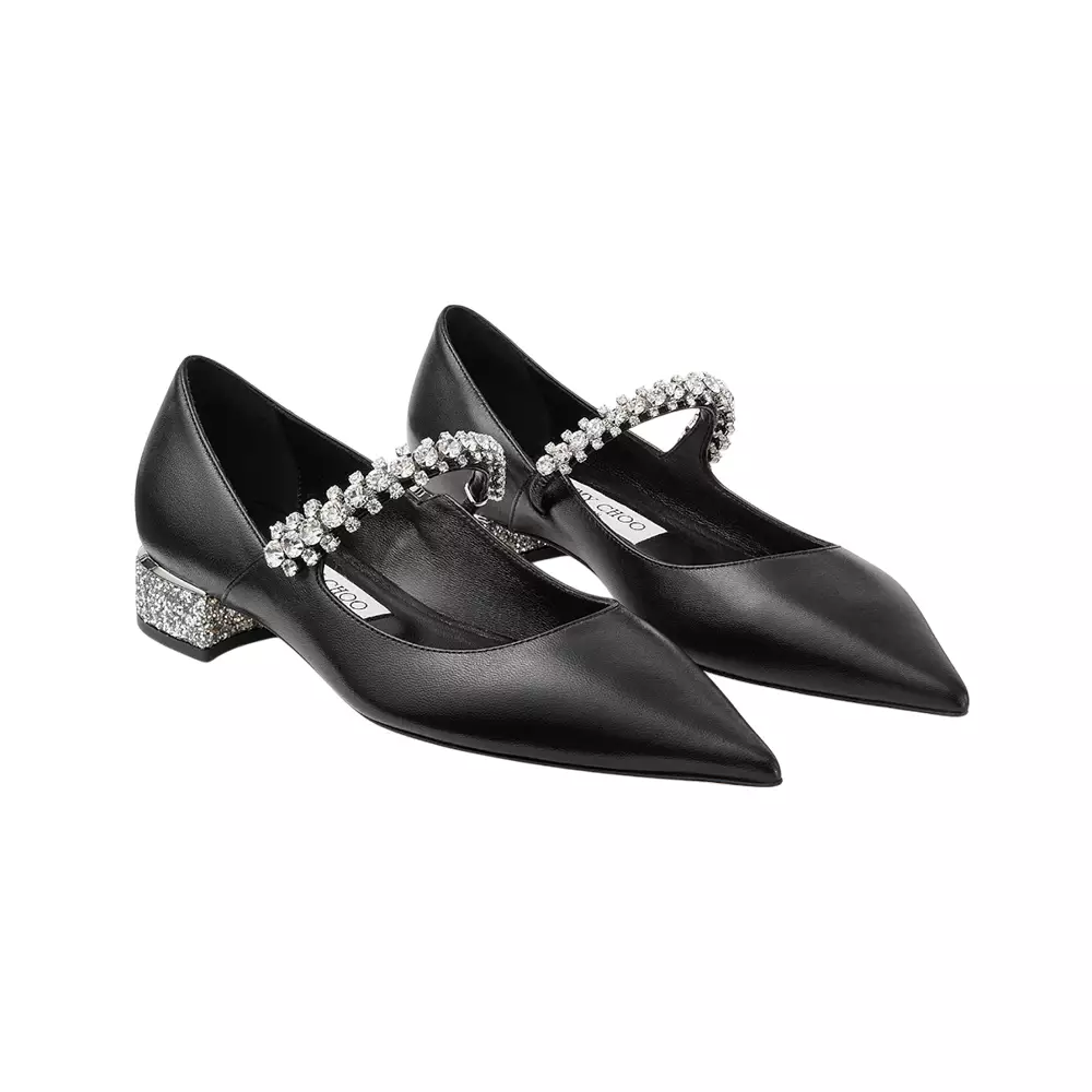 Bing 25 Crystal Strap Nappa Leather Flat Pumps Black Silver
