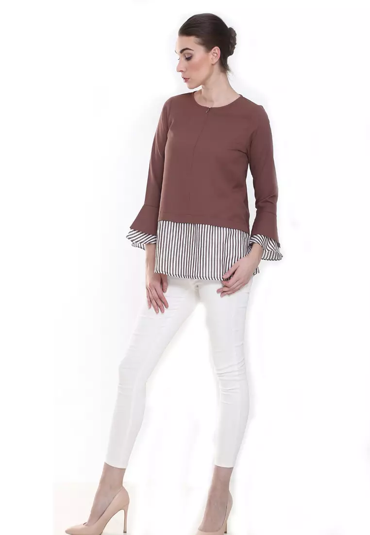 Zalia Top Plain Stripe Cotton Top in Dark Brown