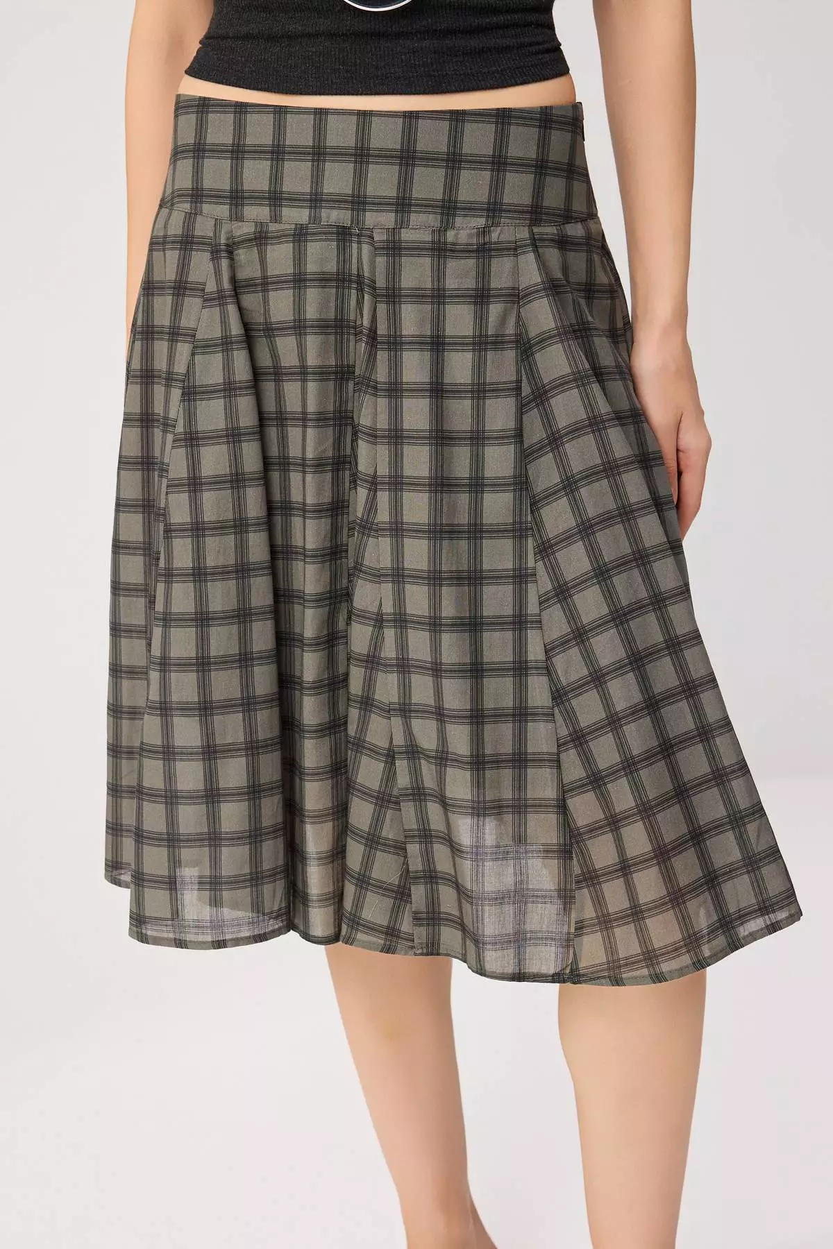 Khaki Mini Plaid Lined Midi Skirt Twoss26Et00263
