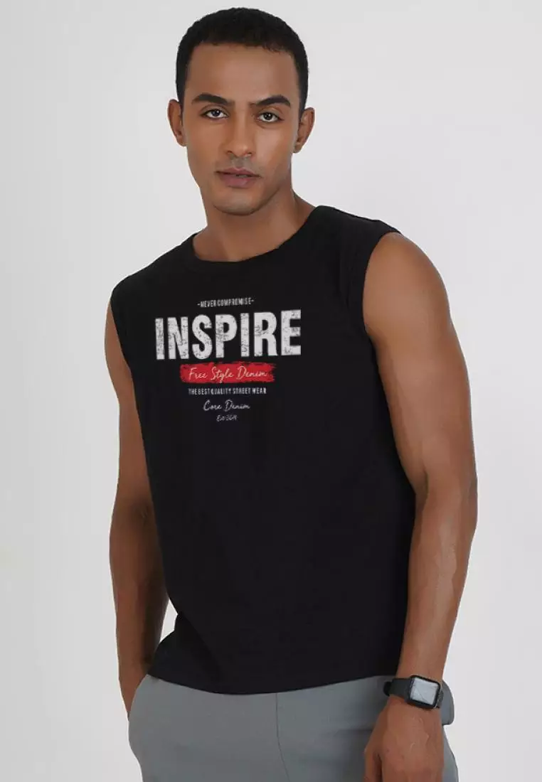 Inspire 图案黑色棉质无袖健身/训练背心