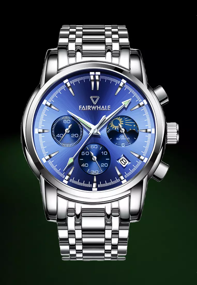 MarkFairWhale®中性不銹鋼計時石英手錶，藍色錶盤，40mm，鋼手鍊