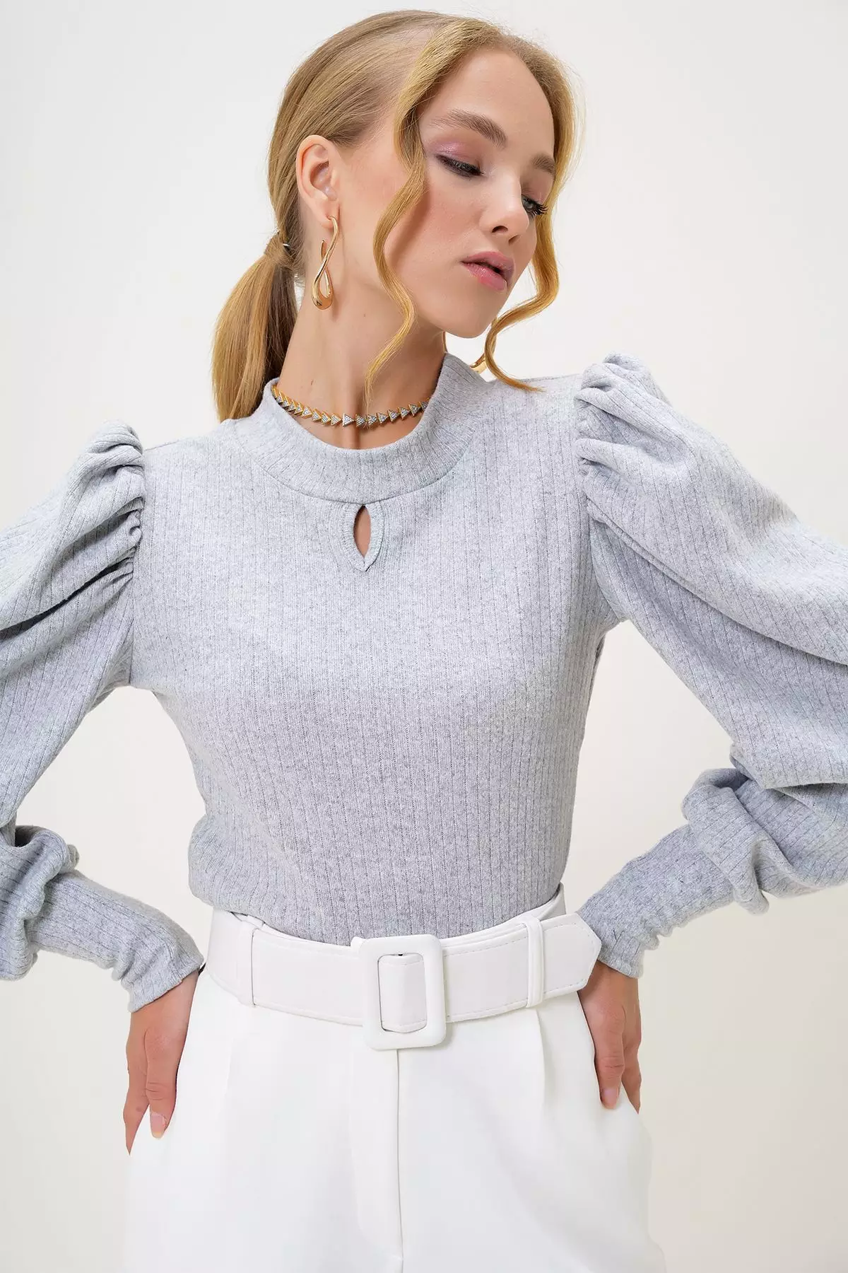 Women's Gray Crew Neck Drop Neck Princess Sleeve Knitwear Blouse