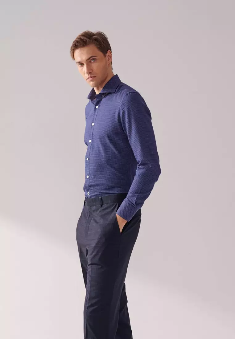 Dark Blue and White Textured Slim Fit Shirt