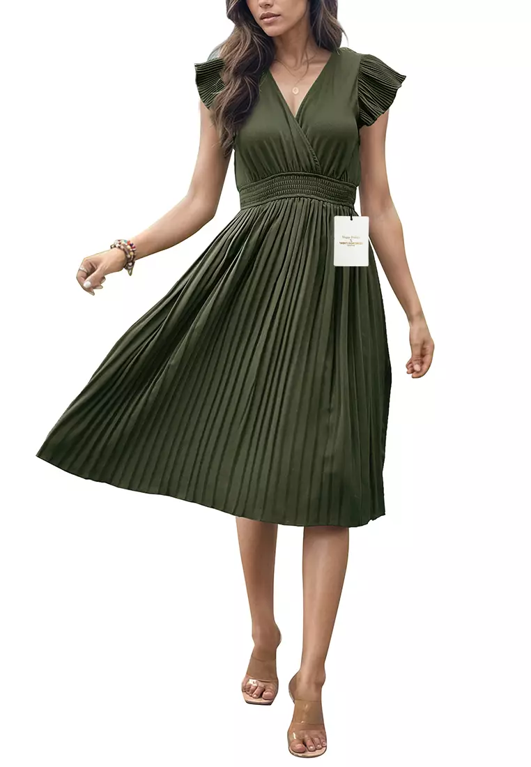 NEW★日本未入荷★FILA★Pleated Collar Dress Pleated Collarless Midi Skater Dress | boohoo