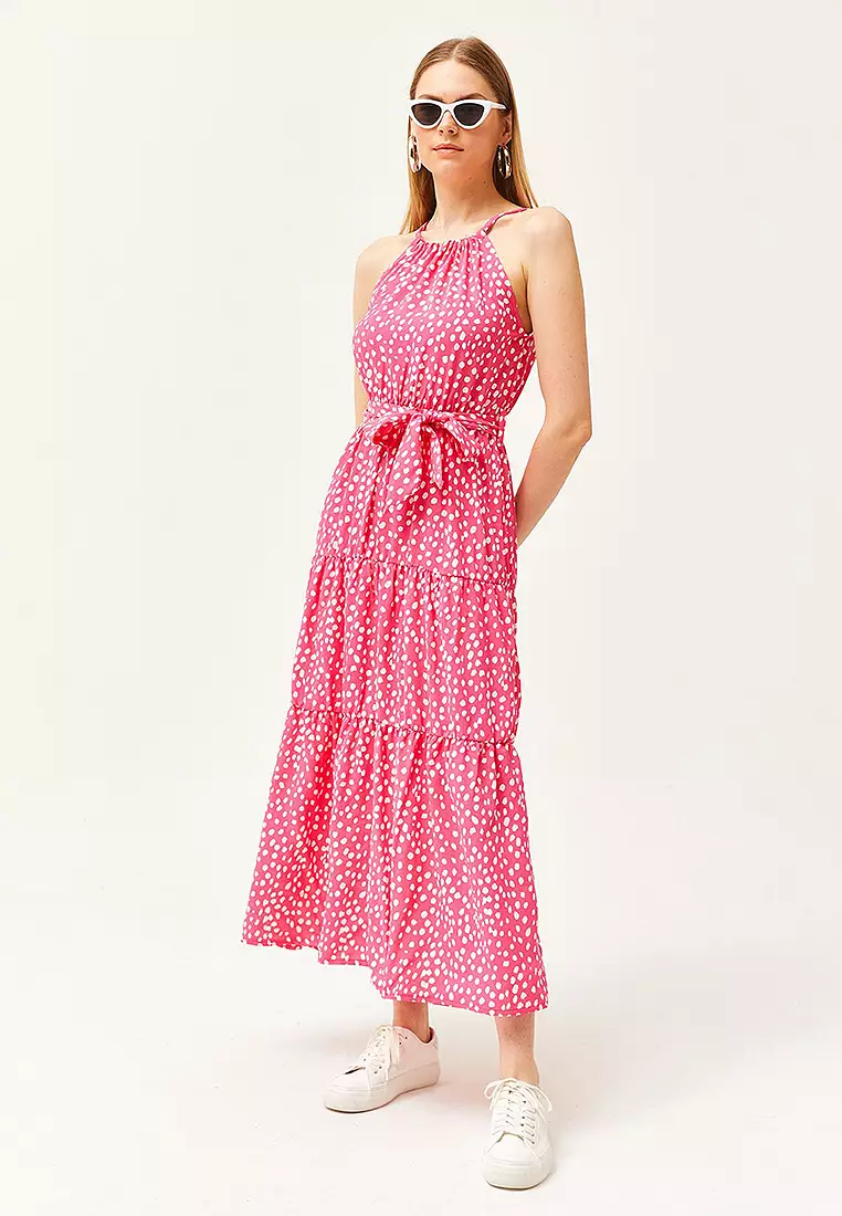 Halter Neck Belted Woven Viscose Dress