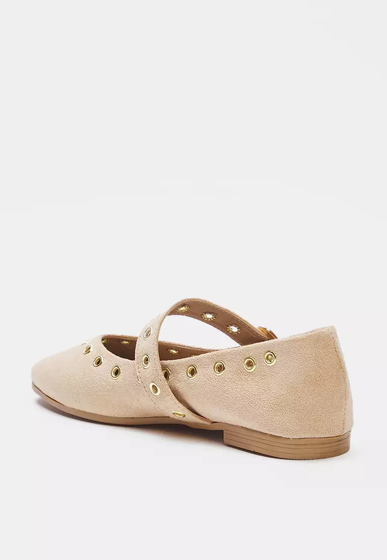 Beige Suede Eyelet Detailed Buckle Almond Toe Women's Ballerina Flats Takss25Be00039