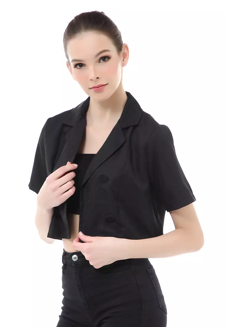 Myra Blazer Wanita Lengan Pendek Simple Design Motif Polos Material Cotton ORIGINAL - Black