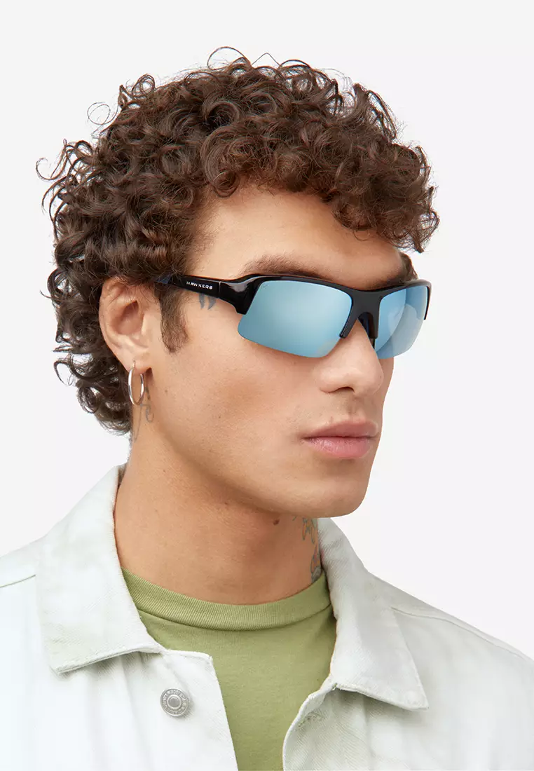 HAWKERS Black Blue Chrome BAT Sunglasses for Men and Women, Unisex. UV400 Protection. Official Product designed in Spain