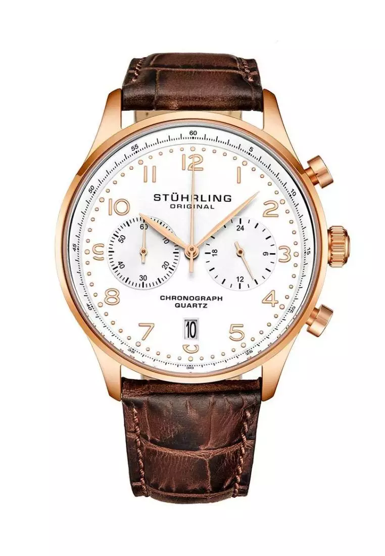 Jam Tangan Pria Chronograph Stuhrling GR1 Q 896 04 Brown Leather Strap