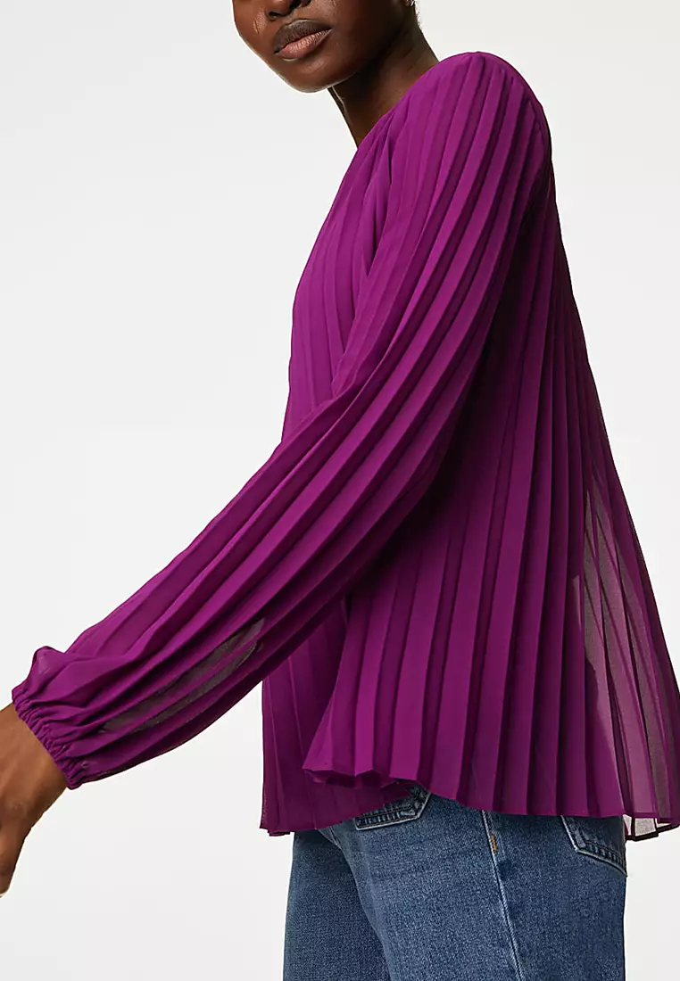 Pleated Tie Neck Popover Blouse