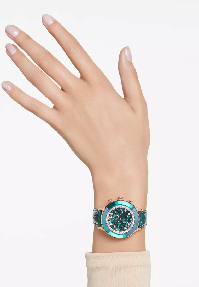 Octea Chrono watch, Swiss Made, Leather strap, Green, Rose gold-tone finish